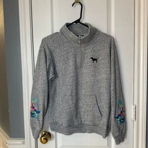 Victoria Secret Pink  1/4 zip Embroidered Flowers Long Sleeve Gray Women's XS